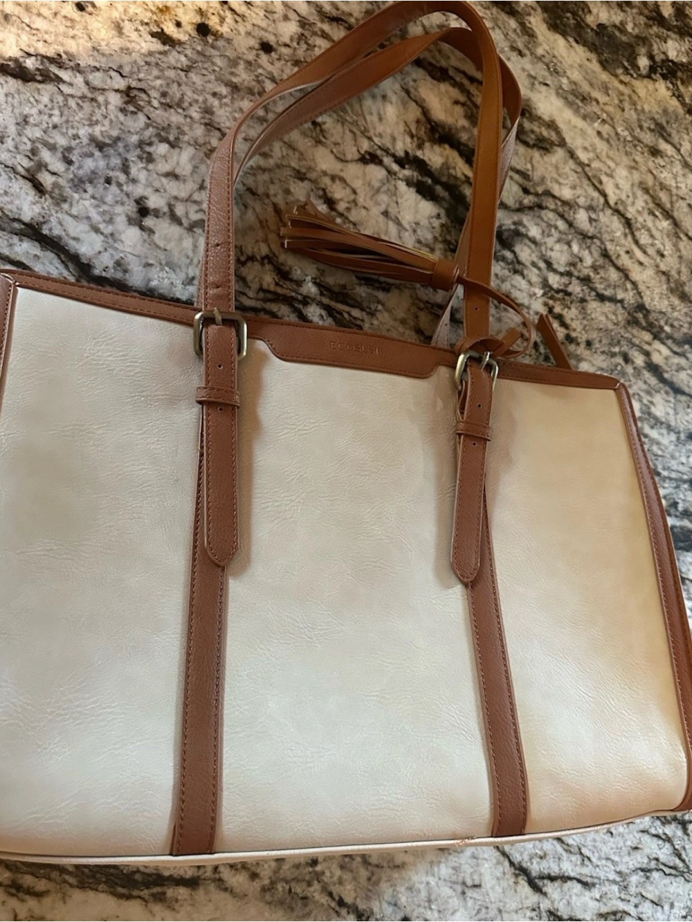 ECOSUSI Cream & Tan Two-Tone Tote Bag with Tassel Accent, Vegan Leather